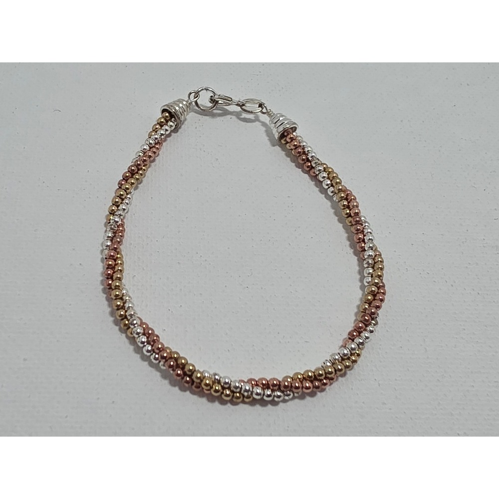 Vintage Italian FAS 925 Sterling Silver Tri-Color Braided Bead Bracelet 7.5"